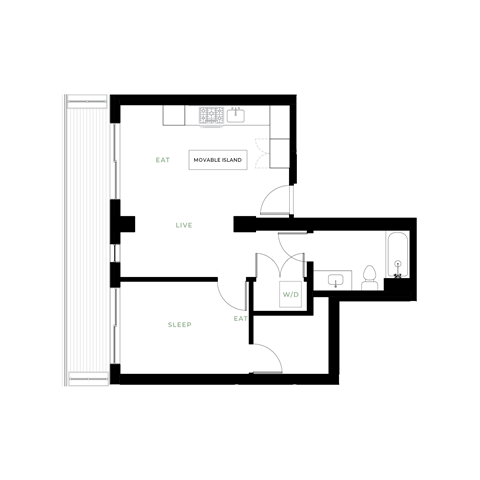 Floor plan for 1 bed, 1 bath, 593 sqft